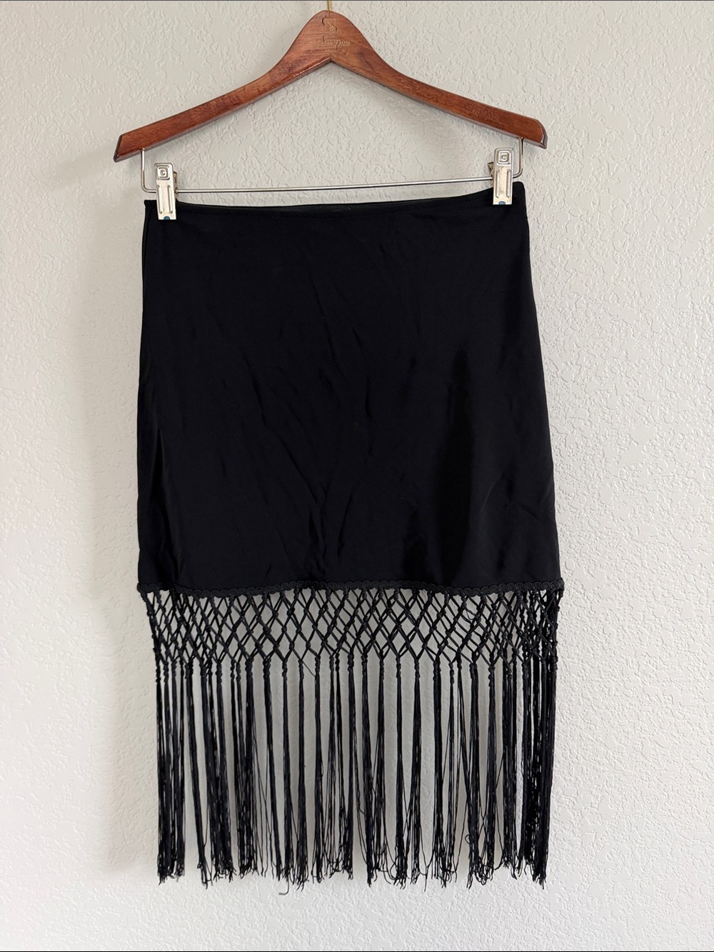 Vintage Betsey Johnson New York Black Macramé Fringe Mini Skirt. Size Small